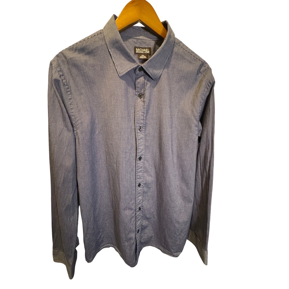 Michael Kors Mens XXL Blue White Micro Stripe Long Sleeve Button Down Shirt